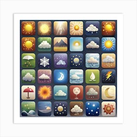 Set Of Colorful Weather Icons In Square Frames Art Print