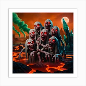 A Surreal And Vibrant Cinematic Photograph Depicting A Group Of Ghosts With Glowing Red Eyes 2 Art Print