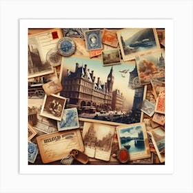 Vintage Postcards Displaying A Castle And Stamps, Complemented By The Coffee Corner Wallpaper Design Art Print