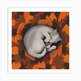 Sleeping Cat In Autumn Leaves Art Print