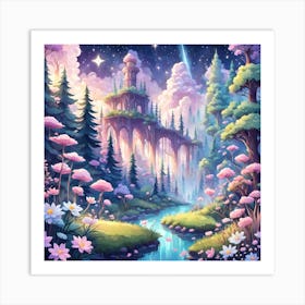 A Fantasy Forest With Twinkling Stars In Pastel Tone Square Composition 9 Art Print