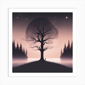 Lone Tree At Night Art Print