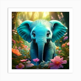 Firefly Adorable Turquoise Baby Elephant In A Magical Flowered Forest 22028 (2) Art Print