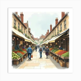 An English Market With Vendors Selling Fresh Produce And Locals Shopping, Watercolor 1 Art Print