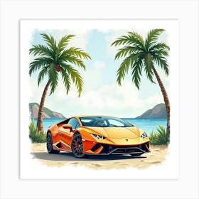 Lamborghini Huracán In A Watercolor Tropical Paradise With Palm Trees 1 Art Print