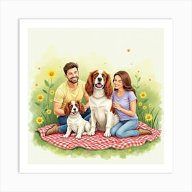 A Cavalier King Charles Spaniel And A Family On A Picnic Blanket, Watercolor 1 Art Print