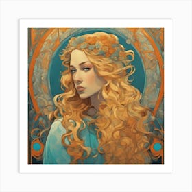 An Illustration Of A Woman In Costume With Long Curly Blonde Hair, In The Style Of Neon Art Nouvea (2) Art Print