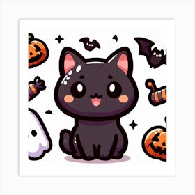 Cute Halloween black Cat - kawaii, anime, cartoon, pumpkin Art Print
