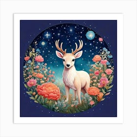 Firefly Charming, Cute, Reindeer, Baby, Winter, Meadow, Starry, Night, Round, Background, Peonies, S (2) Art Print