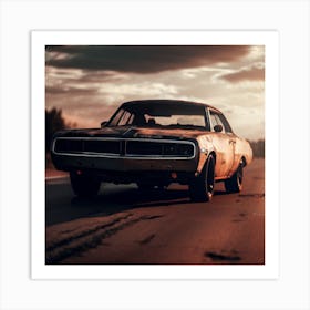 Old Muscle Car At Sunset Art Print