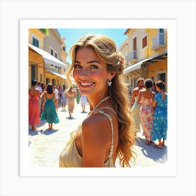 Lovely Greek Woman In Watercolor, Surrounded By The Vibrant Hues Of A Bustling Festival 1 Art Print