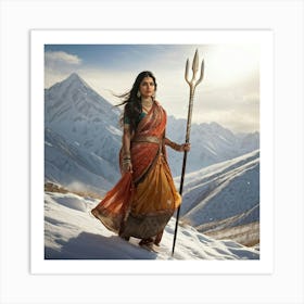 Indian Woman Clad In Traditional Attire Carrying A Trident Strides With Elegance Towards A Backdr Art Print