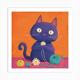 Cat With Yarn And Flowers Art Print