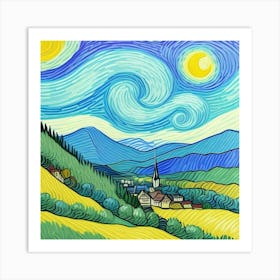 Rustic Simplicity: Life in the Village Starry Night Art Print