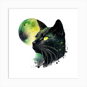 Black Cat With Moon Animal Wall Art Art Print