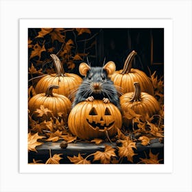 Rat With Halloween Pumpkins Art Print