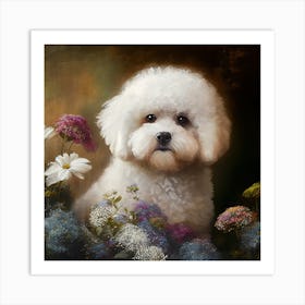 White Poodle In Flowers Art Print