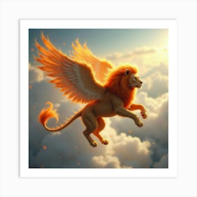 A Winged Lion With Fiery Mane Soaring Through The Clouds 1 Art Print