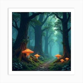 An Enchanted Forest With Towering, Ancient Trees And Glowing Fungi 1 Art Print