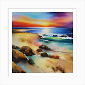 Artwork, oil colors, sea and sunset, seashore, beach rocks.San Francisco, USA.5 Art Print