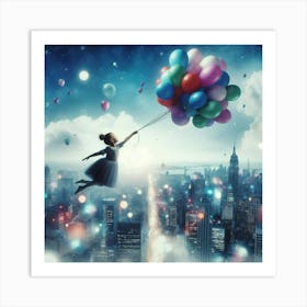 Girl Flying With Balloons Over City Skyline Art Print