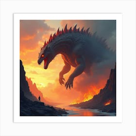 Titan Monster In A Watercolor Fiery Volcanic Scene 1 Art Print