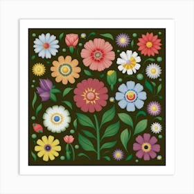 Flowers On A Green Background Art Print