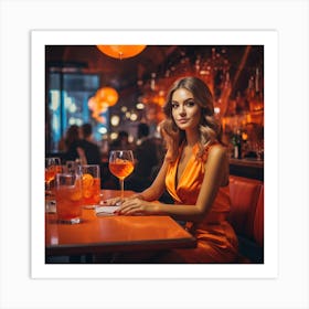 Beautiful Woman In Orange Dress In A Bar 4 Art Print