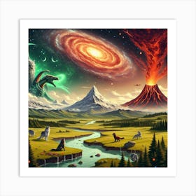 Dragon Volcano Wolf Meadow Art Print