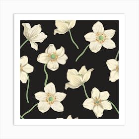 White Flowers On Black Background Art Print