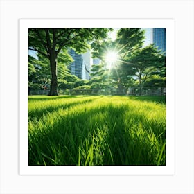 Bright Green Grass Under A Radiant Sun Swathed In Tokyo City Stands Out Against The Contrasting Sh (1) Art Print