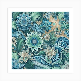 Batik, Blue Floral Pattern 2 Art Print