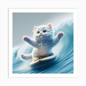 White Cat On A Surfboard 1 Art Print