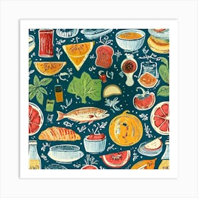 Seamless Pattern With Fruits And Vegetables, Foodie Traveler A Delicious Featuring Iconic Dishes From Different Countries 1 Art Print