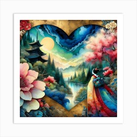 Geisha in Nature with Heart Shape Art Print