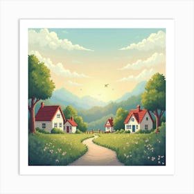 Charming Village Scene Under A Serene, Pastel Sky 1 Art Print