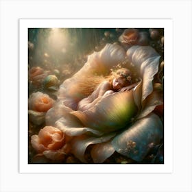 Fairy In A Flower, A serene depiction of a woman resting inside an oversized flower bloom, surrounded by a mystical forest atmosphere with soft lighting that creates a dreamlike ambiance. classic art Art Print
