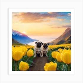 Two Pugs In Yellow Tulips Art Print