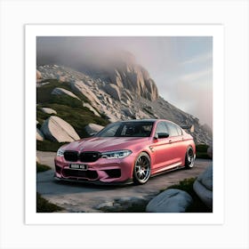 A Highly Detailed, Realistically Rendered 3d Model Of A Pink BMW M5, Adorned With A Sleek, High Performance Full Body Kit, Parked On The Summit Of A Rugged, Mist Shrouded Mountain, Surrounded By Granite Boulders And Patches Of Lush Landscape Art Print