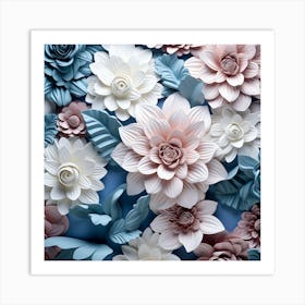 Paper Flowers On Blue Background Art Print