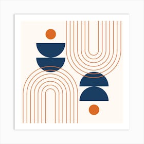 Modern Mid Century Sun, Moon Phases and Rainbow Abstract 17 in Navy Blue and Burnt Orange Art Print