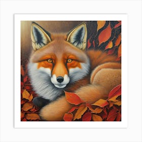 Fox In Autumn Leaves art print Art Print