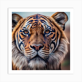 Double Expodure Of Lion Tiger Hybrid And Savanna Art Print