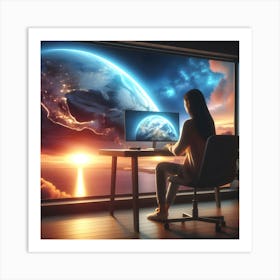 Woman Working On Computer Art Print