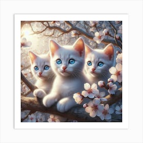 Three Kittens In Cherry Blossoms 2 Art Print