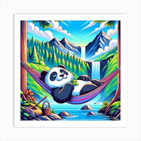 A lazy panda chilling in a hammock on top of a mountain Art Print