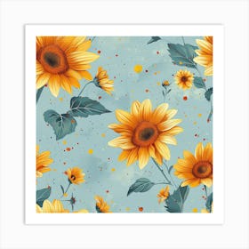 Sunflowers Blue Background Art Print