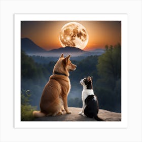 Cat And Dog Looking At The Moon Art Print