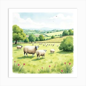 A Picturesque English Countryside With Sheep Grazing In The Fields, Watercolor 1 Art Print