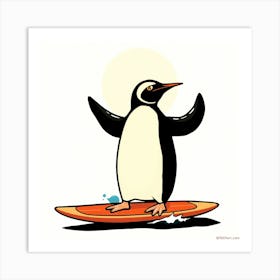 Penguin On Surfboard Art Print